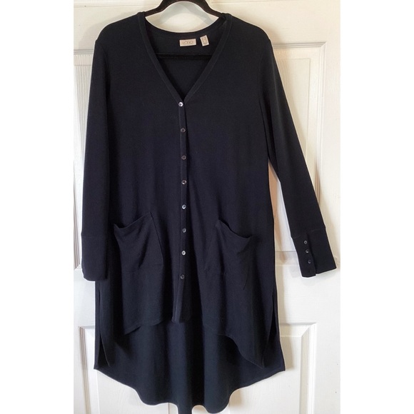 LOGO By Lori Goldstein Long Black Lagenlook Cardigan Duster Pockets MP - Picture 1 of 5